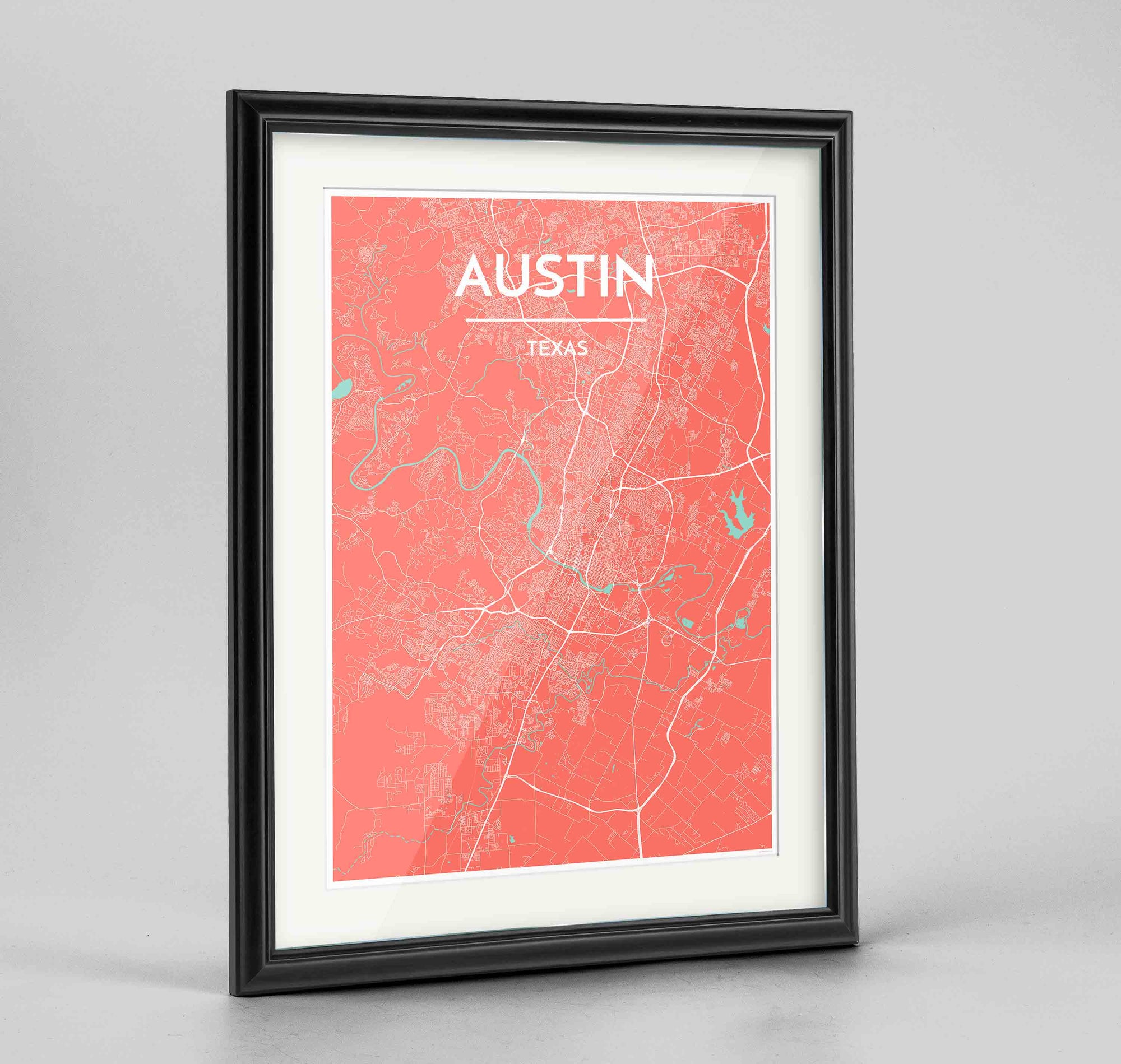 Framed Austin Map Art Print 24x36" Traditional Black frame Point Two Design Group
