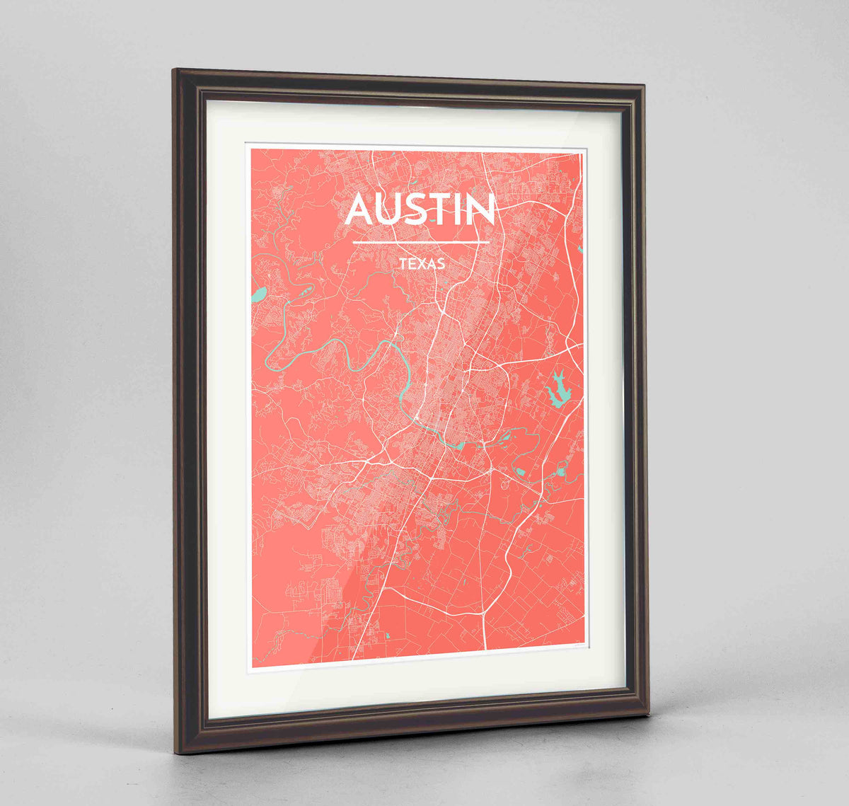 Framed Austin Map Art Print 24x36&quot; Traditional Walnut frame Point Two Design Group