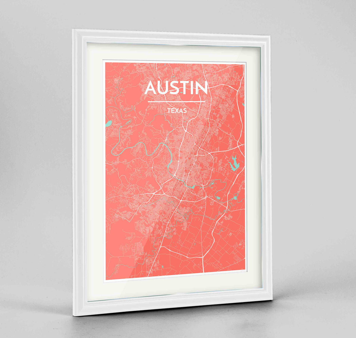 Framed Austin Map Art Print 24x36&quot; Traditional White frame Point Two Design Group