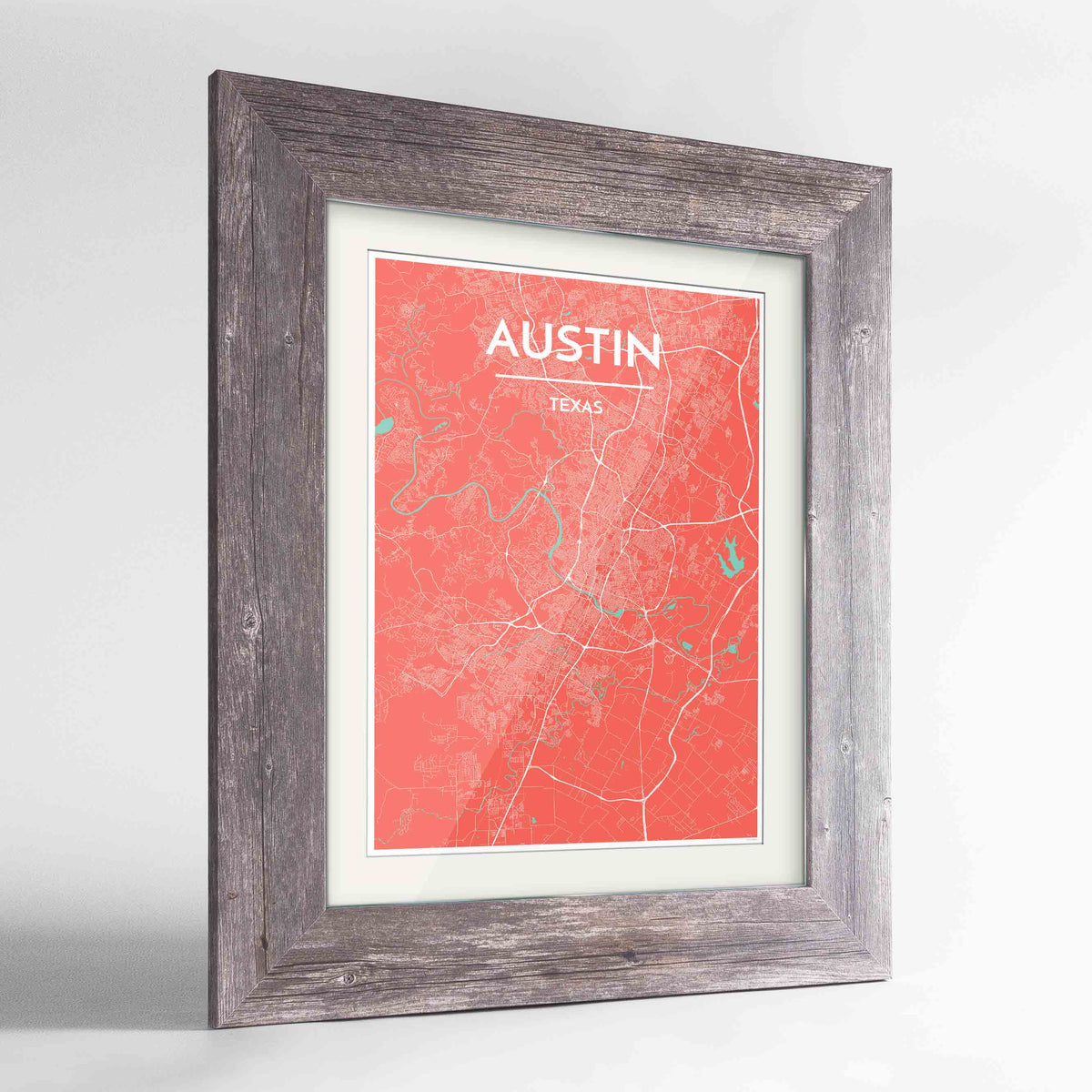 Framed Austin Map Art Print 24x36&quot; Western Grey frame Point Two Design Group