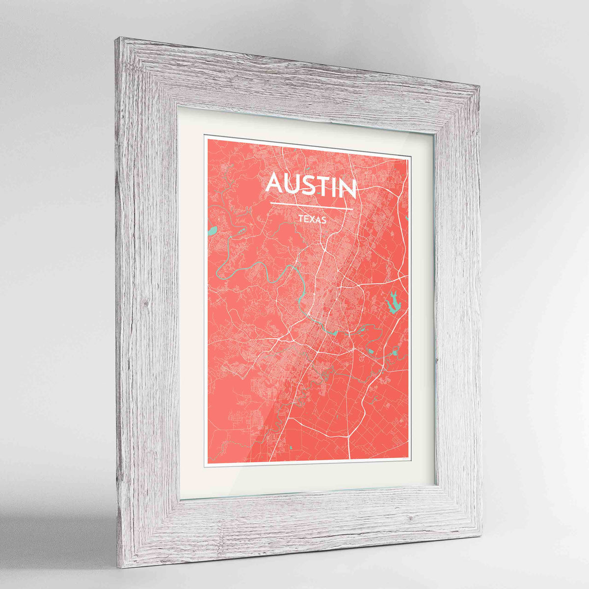 Framed Austin Map Art Print 24x36&quot; Western White frame Point Two Design Group