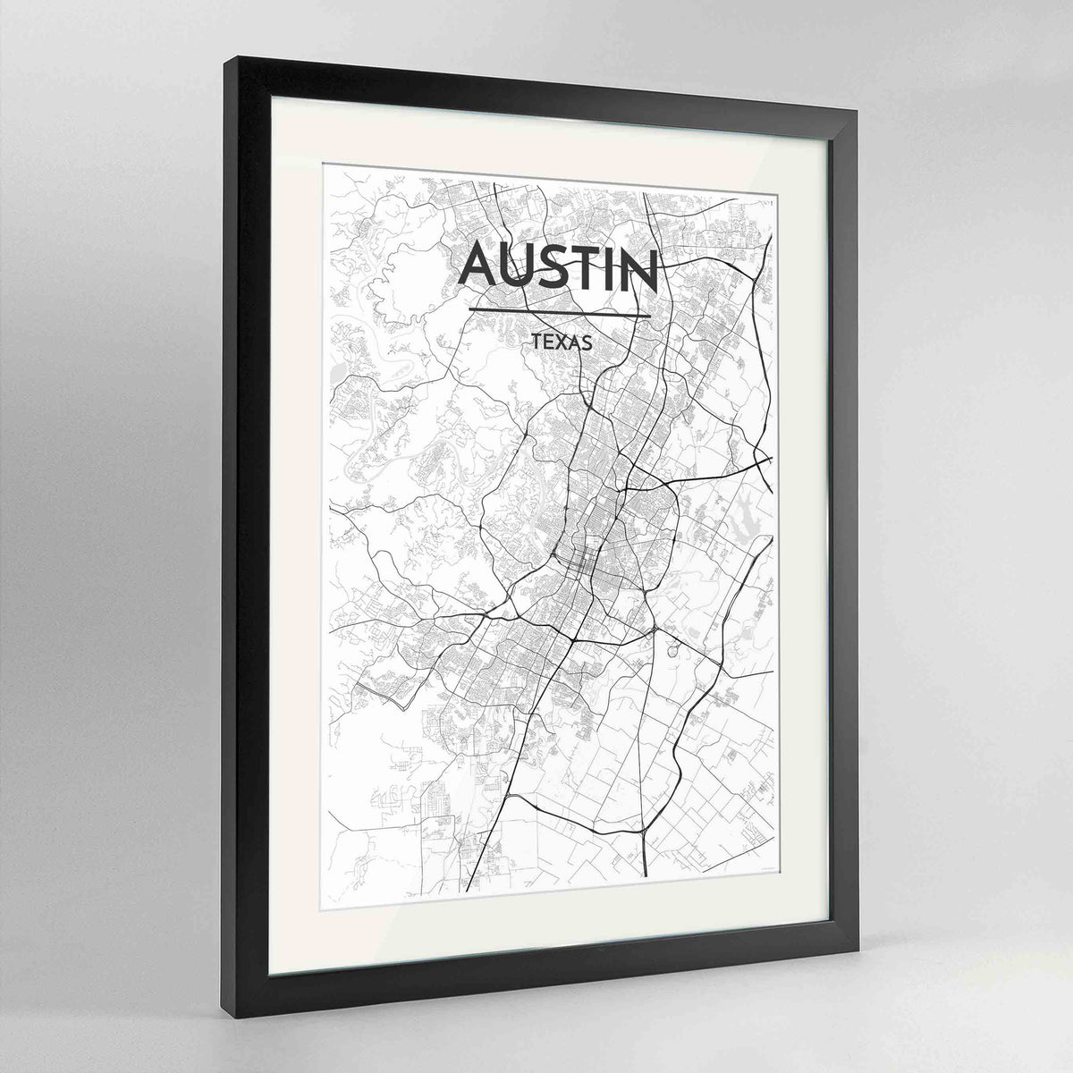Framed Austin Map Art Print 24x36&quot; Contemporary Black frame Point Two Design Group