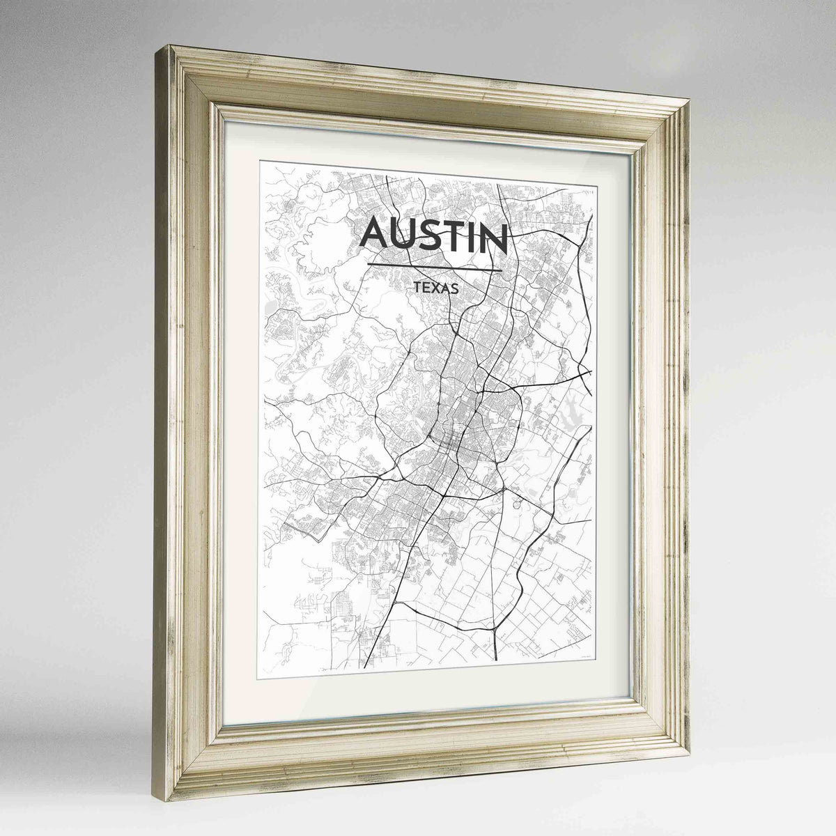 Framed Austin Map Art Print 24x36&quot; Champagne frame Point Two Design Group