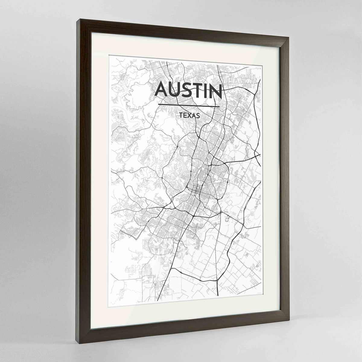 Framed Austin Map Art Print 24x36&quot; Contemporary Walnut frame Point Two Design Group