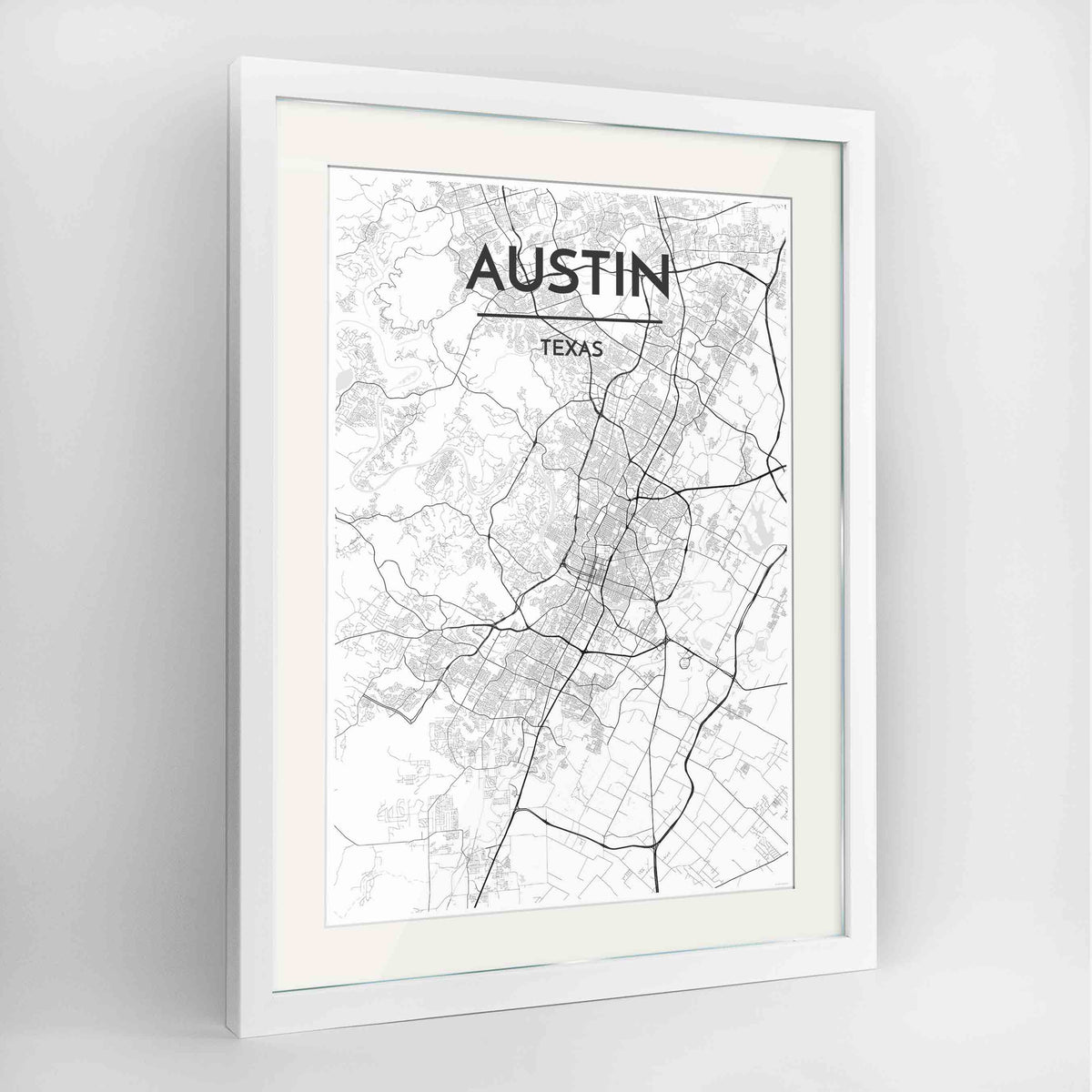 Framed Austin Map Art Print 24x36&quot; Contemporary White frame Point Two Design Group