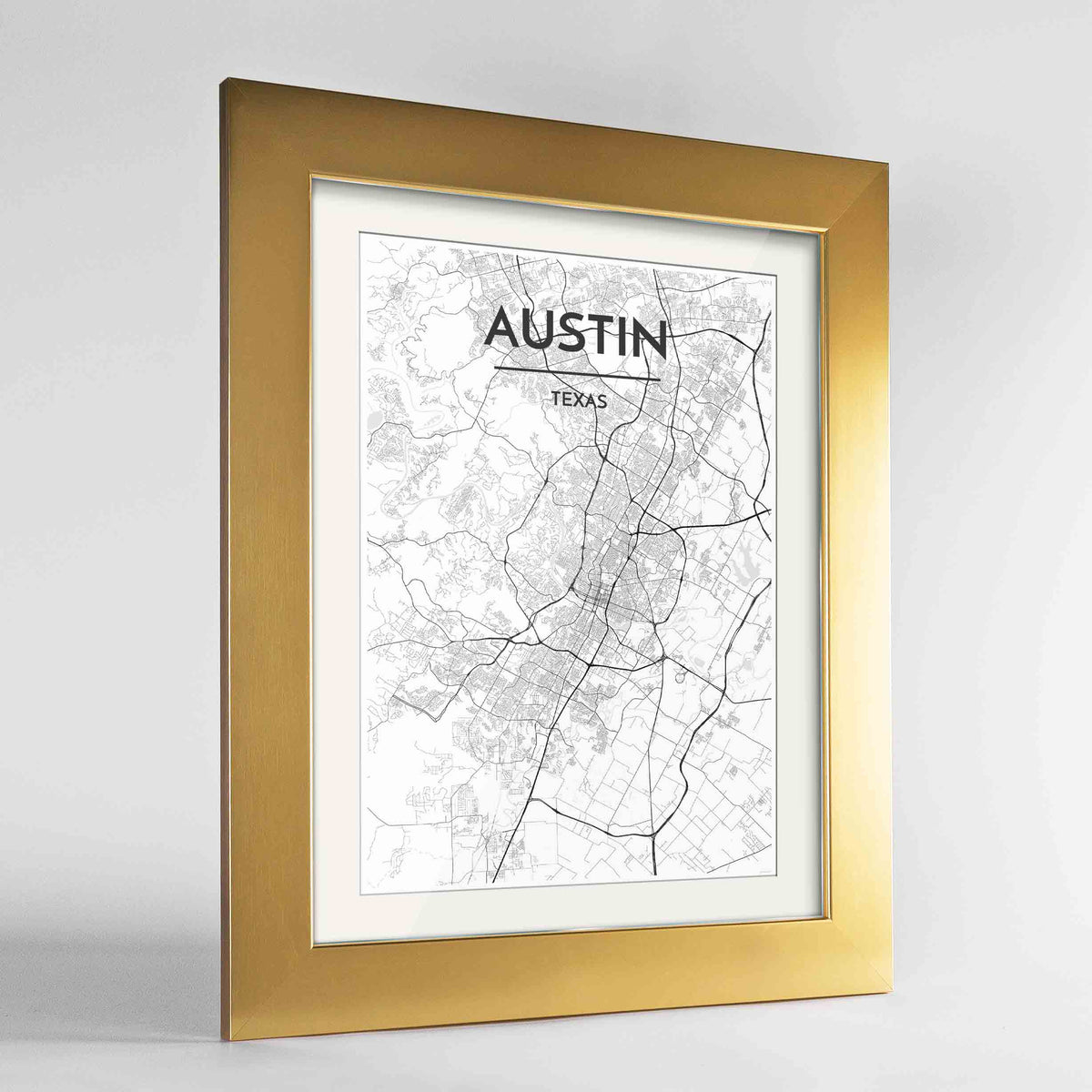 Framed Austin Map Art Print 24x36&quot; Gold frame Point Two Design Group