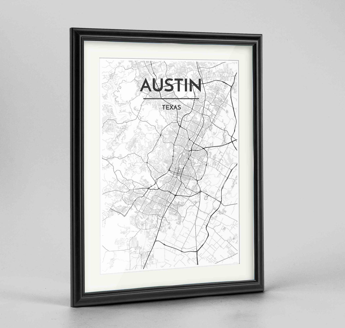 Framed Austin Map Art Print 24x36&quot; Traditional Black frame Point Two Design Group