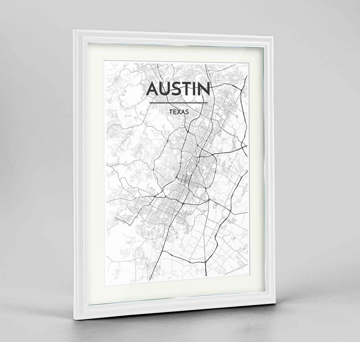 Framed Austin Map Art Print 24x36&quot; Traditional White frame Point Two Design Group