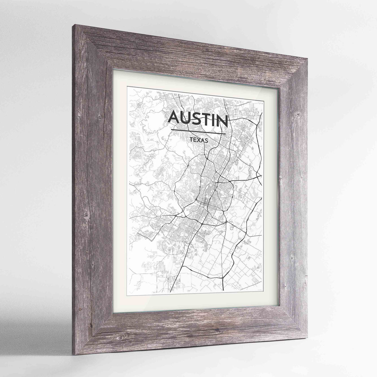 Framed Austin Map Art Print 24x36&quot; Western Grey frame Point Two Design Group