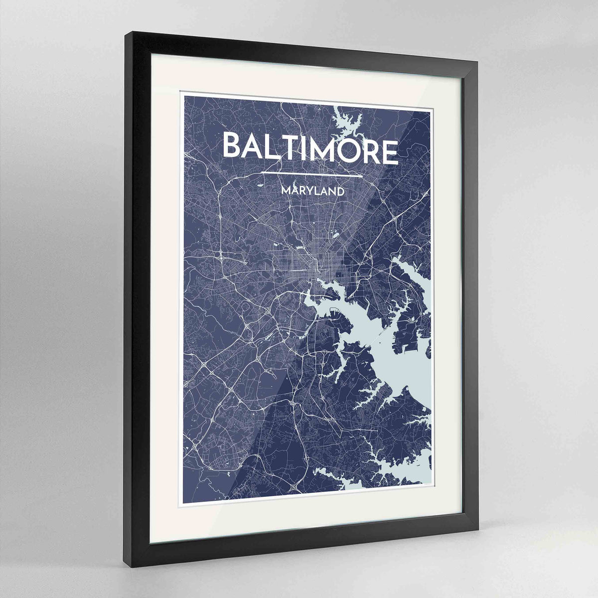 Framed Baltimore Map Art Print 24x36&quot; Contemporary Black frame Point Two Design Group