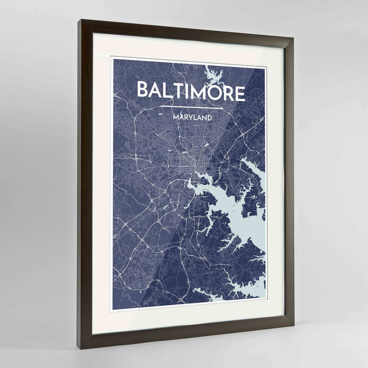 Framed Baltimore Map Art Print 24x36&quot; Contemporary Walnut frame Point Two Design Group