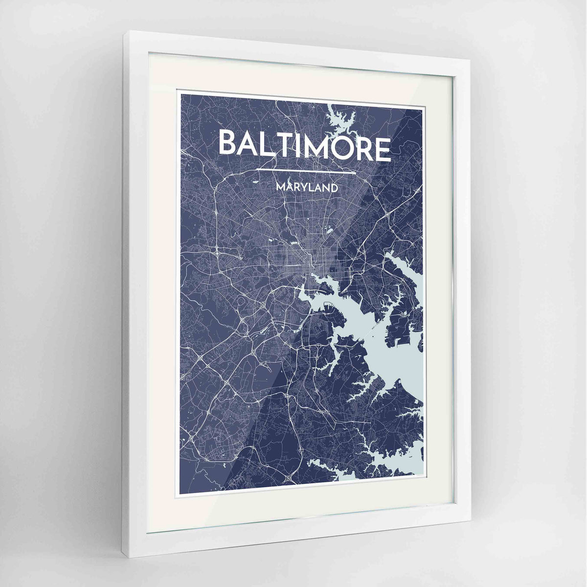 Framed Baltimore Map Art Print 24x36&quot; Contemporary White frame Point Two Design Group