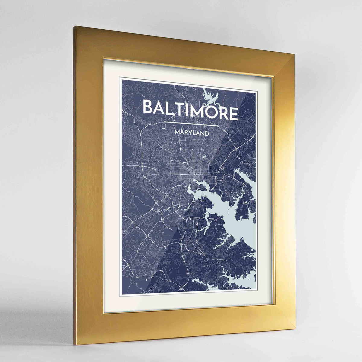 Framed Baltimore Map Art Print 24x36&quot; Gold frame Point Two Design Group