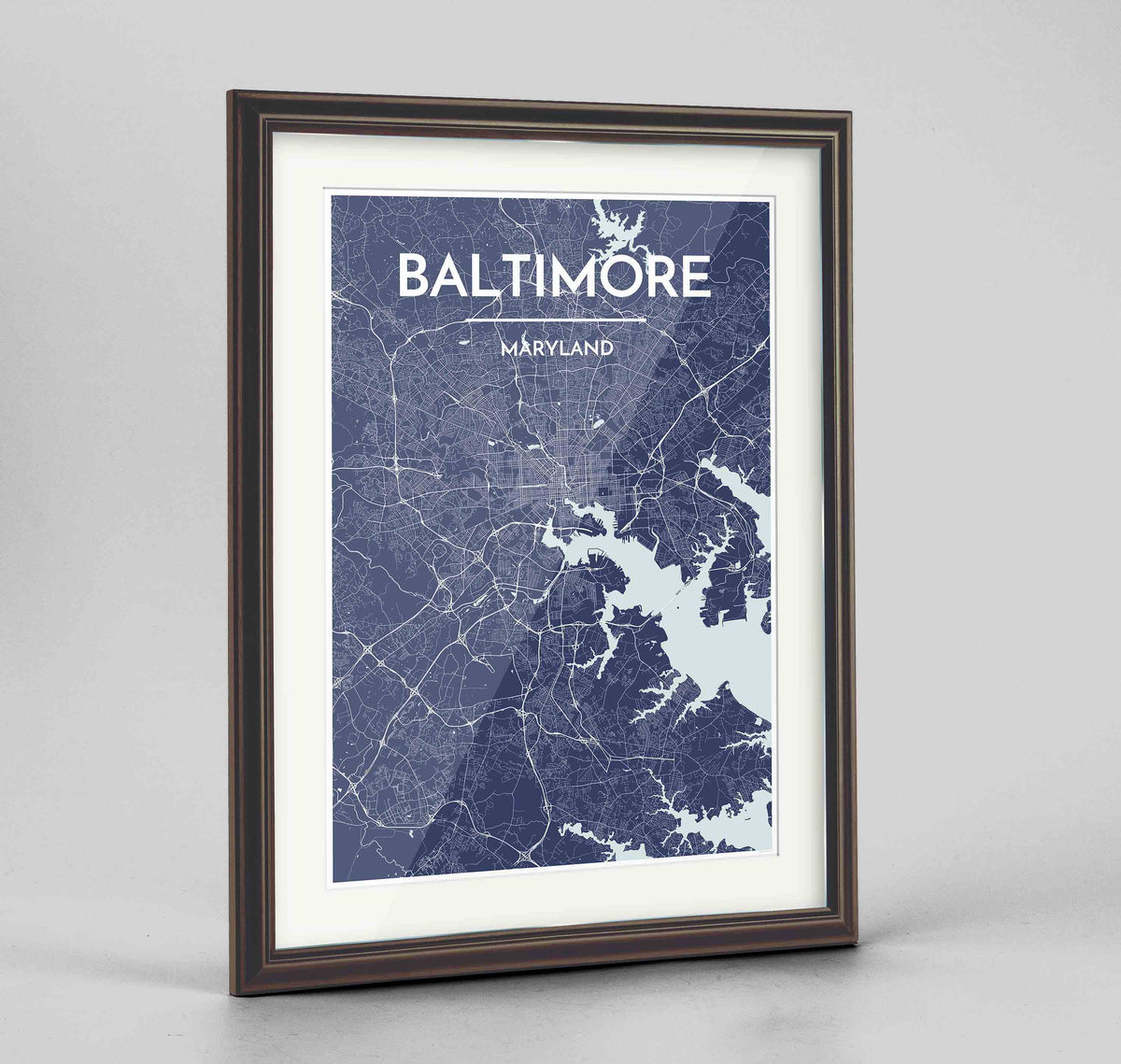 Framed Baltimore Map Art Print 24x36&quot; Traditional Walnut frame Point Two Design Group