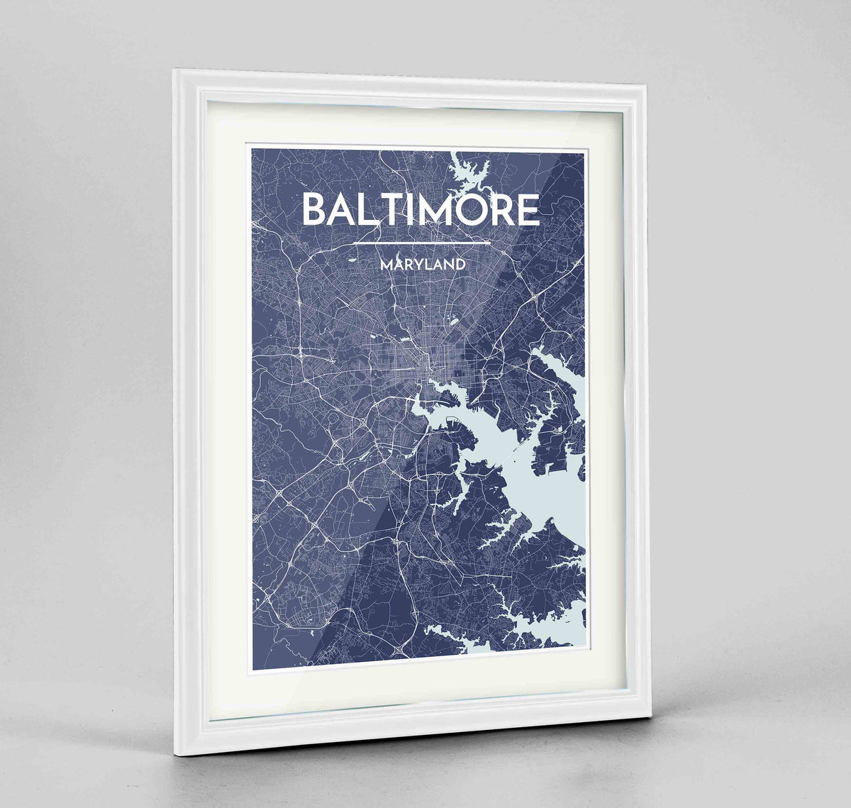 Framed Baltimore Map Art Print 24x36&quot; Traditional White frame Point Two Design Group