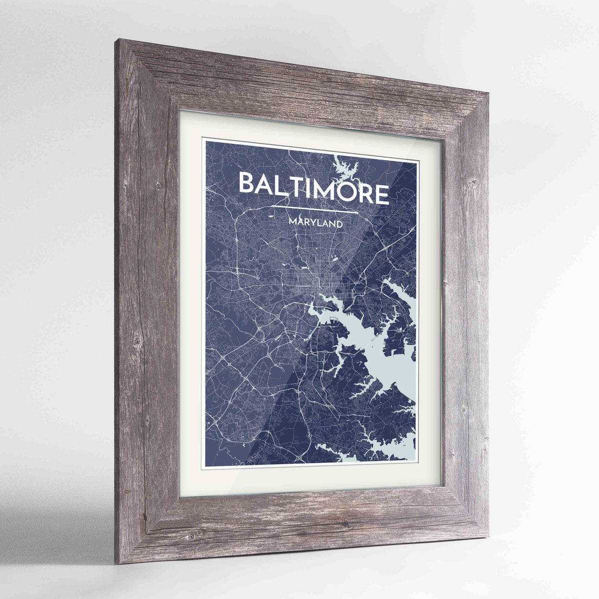 Framed Baltimore Map Art Print 24x36&quot; Western Grey frame Point Two Design Group