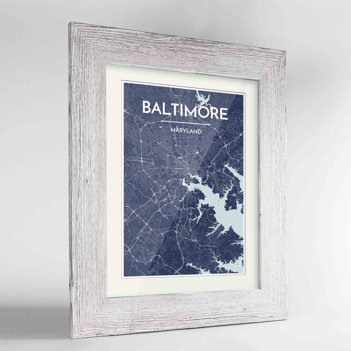 Framed Baltimore Map Art Print 24x36&quot; Western White frame Point Two Design Group