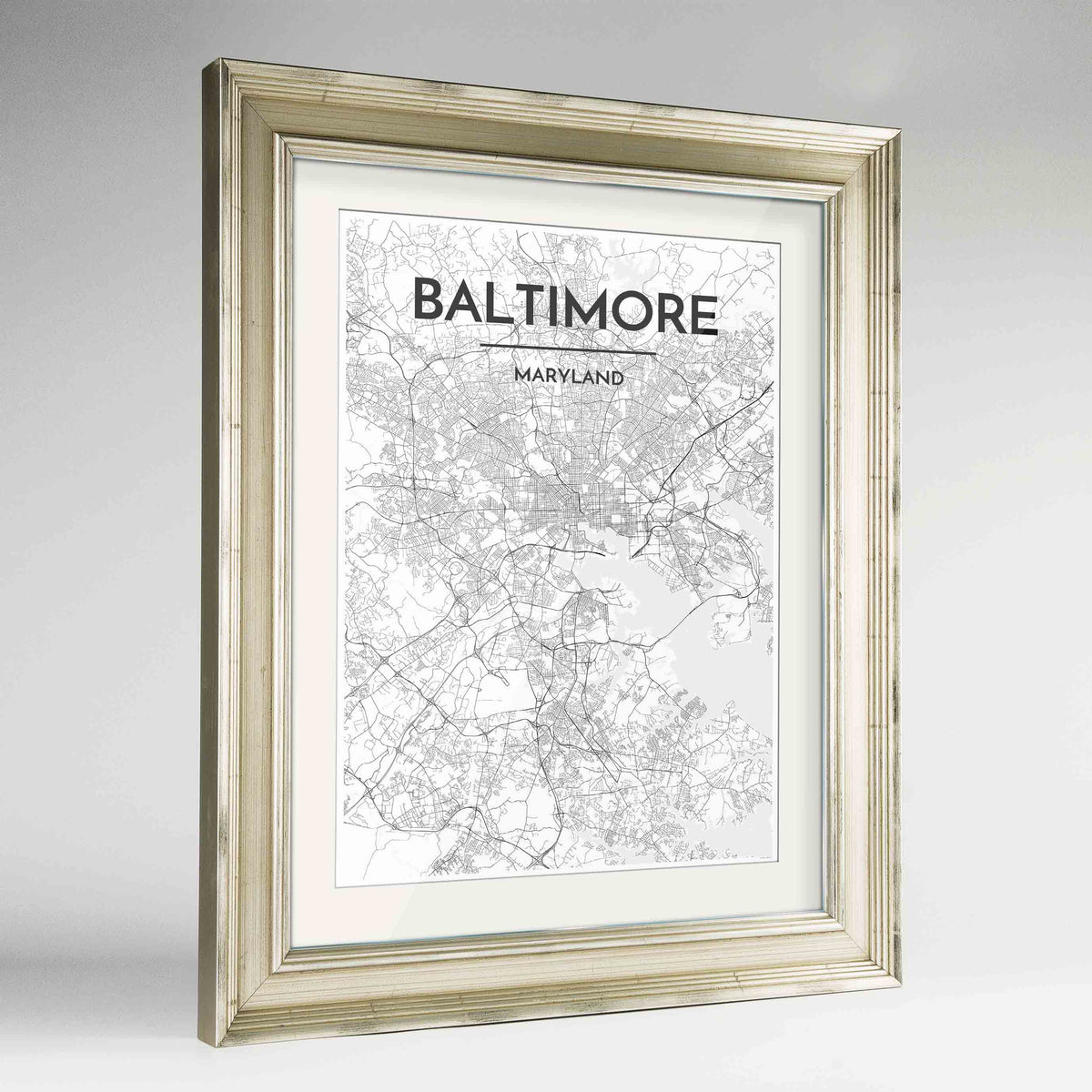 Framed Baltimore Map Art Print 24x36&quot; Champagne frame Point Two Design Group