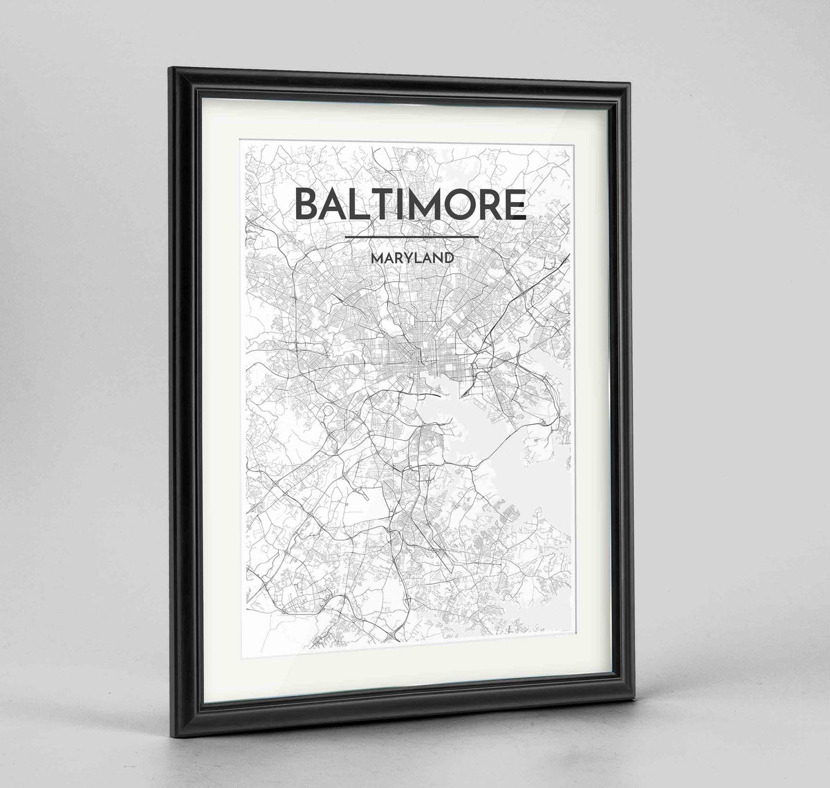 Framed Baltimore Map Art Print 24x36&quot; Traditional Black frame Point Two Design Group