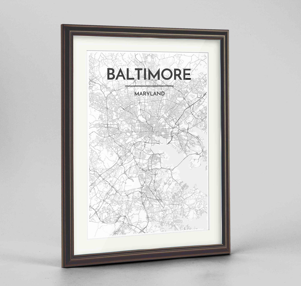 Framed Baltimore Map Art Print 24x36&quot; Traditional Walnut frame Point Two Design Group