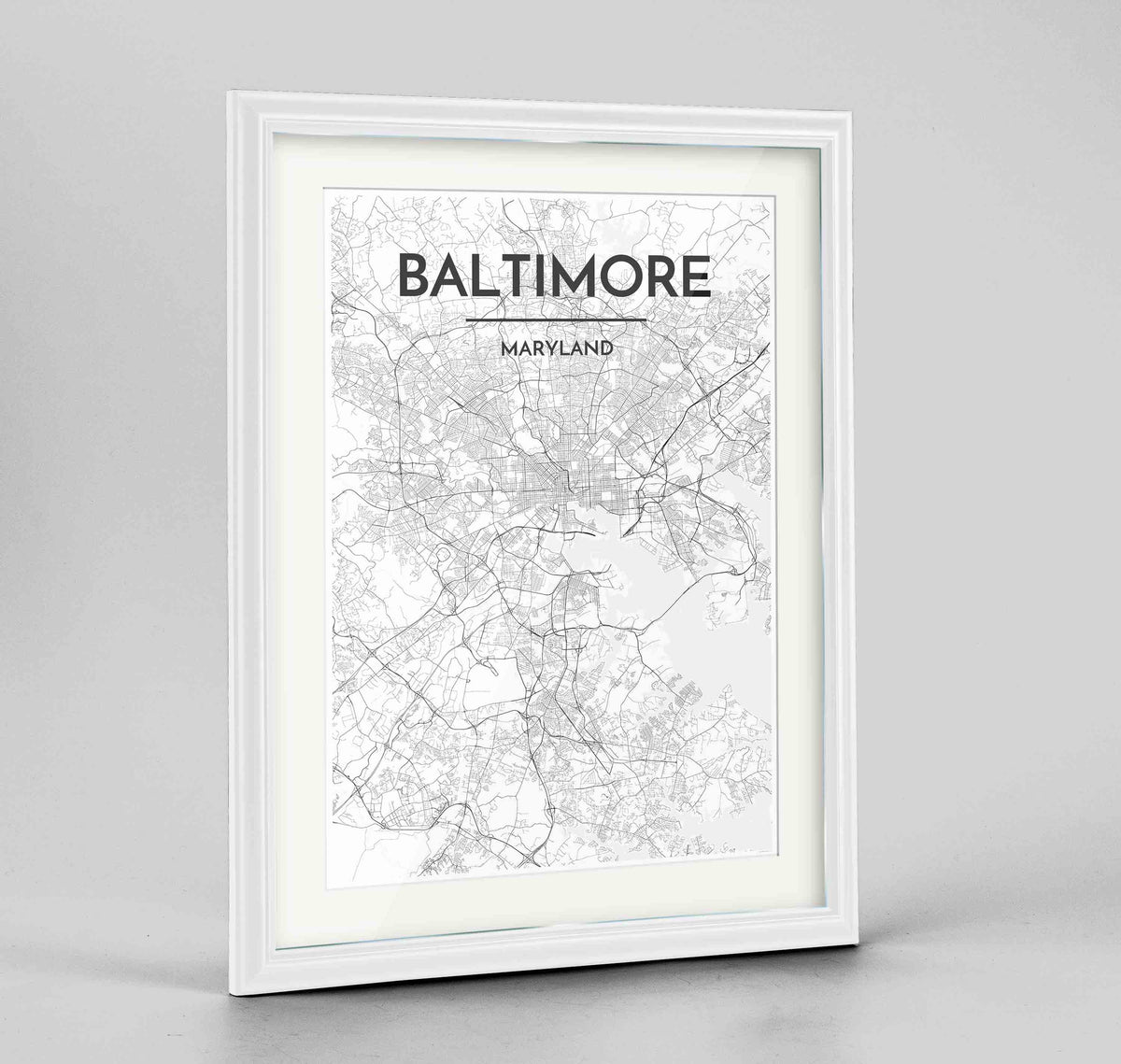 Framed Baltimore Map Art Print 24x36&quot; Traditional White frame Point Two Design Group