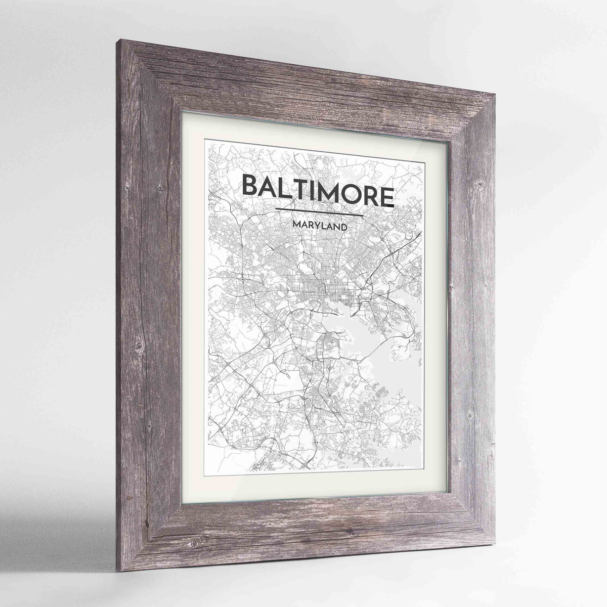 Framed Baltimore Map Art Print 24x36&quot; Western Grey frame Point Two Design Group