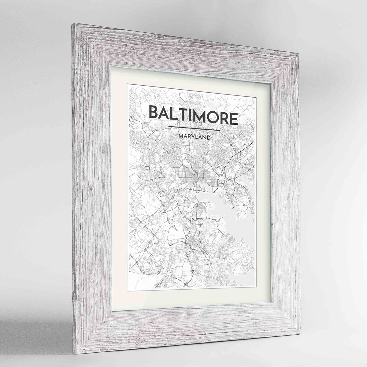 Framed Baltimore Map Art Print 24x36&quot; Western White frame Point Two Design Group