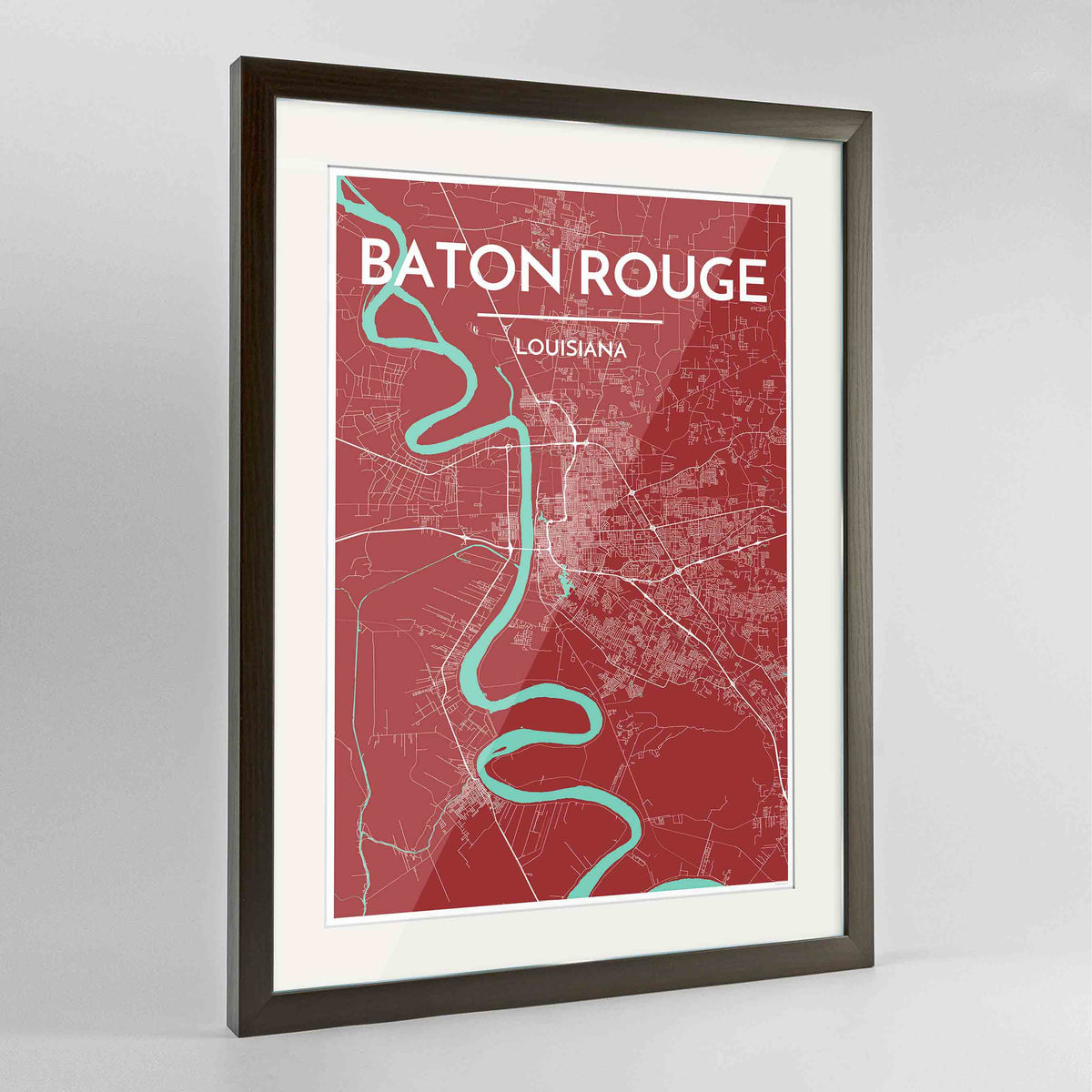 Framed Baton Rouge Map Art Print 24x36&quot; Contemporary Walnut frame Point Two Design Group