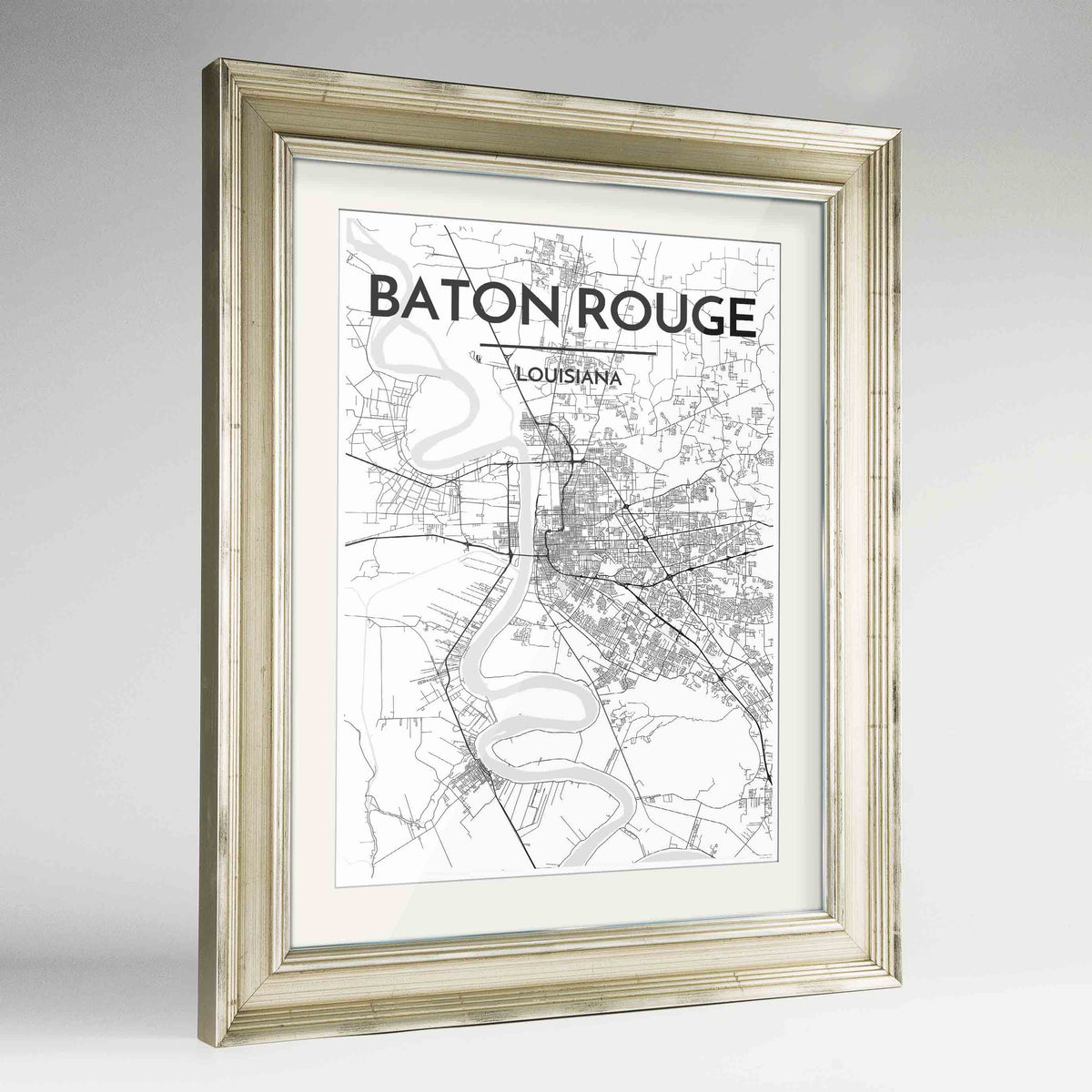 Framed Baton Rouge Map Art Print 24x36&quot; Champagne frame Point Two Design Group