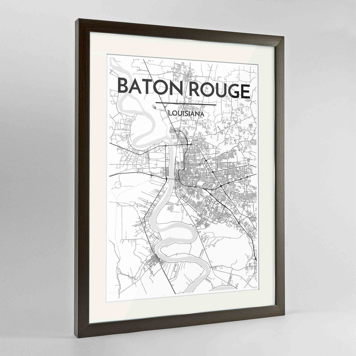 Framed Baton Rouge Map Art Print 24x36&quot; Contemporary Walnut frame Point Two Design Group