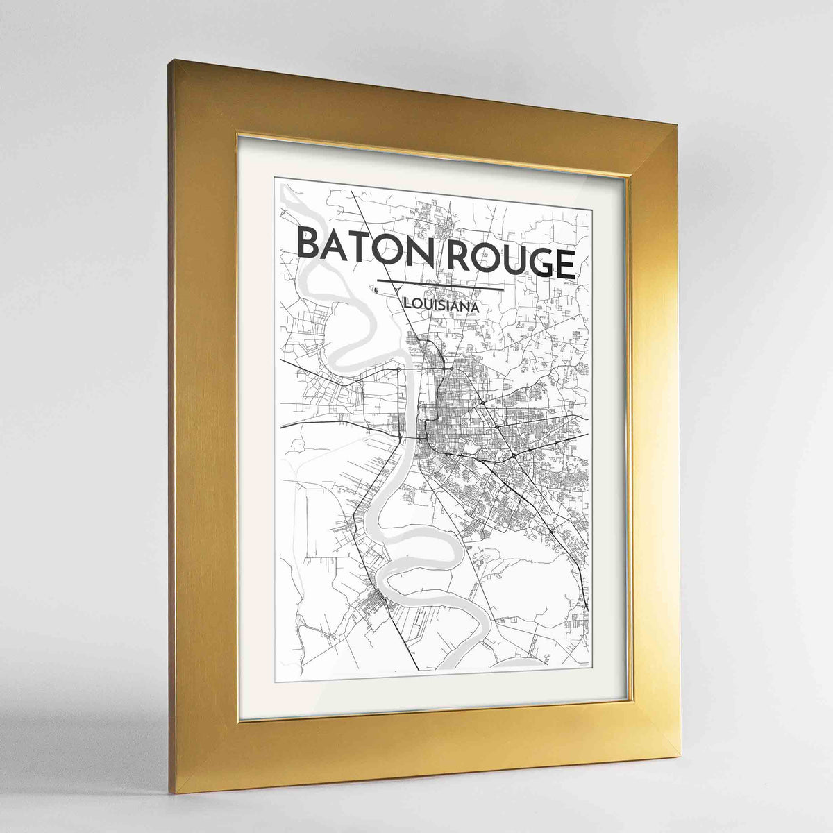 Framed Baton Rouge Map Art Print 24x36&quot; Gold frame Point Two Design Group