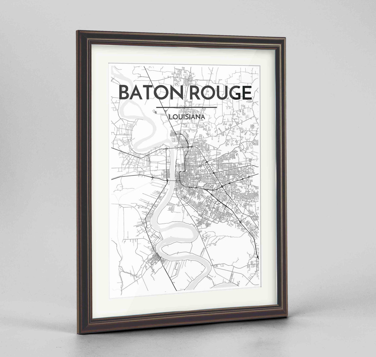 Framed Baton Rouge Map Art Print 24x36&quot; Traditional Walnut frame Point Two Design Group