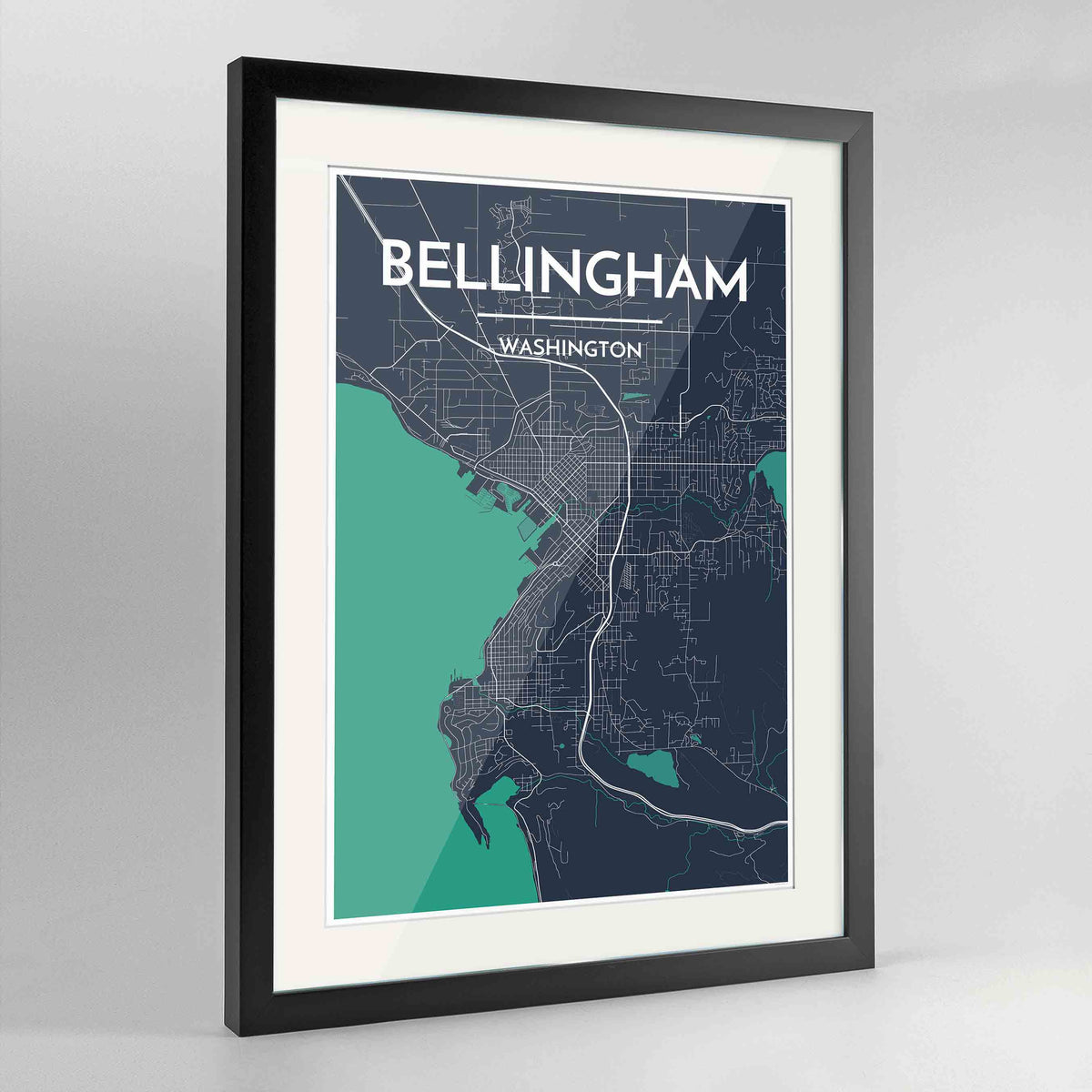 Framed Bellingham Map Art Print 24x36&quot; Contemporary Black frame Point Two Design Group