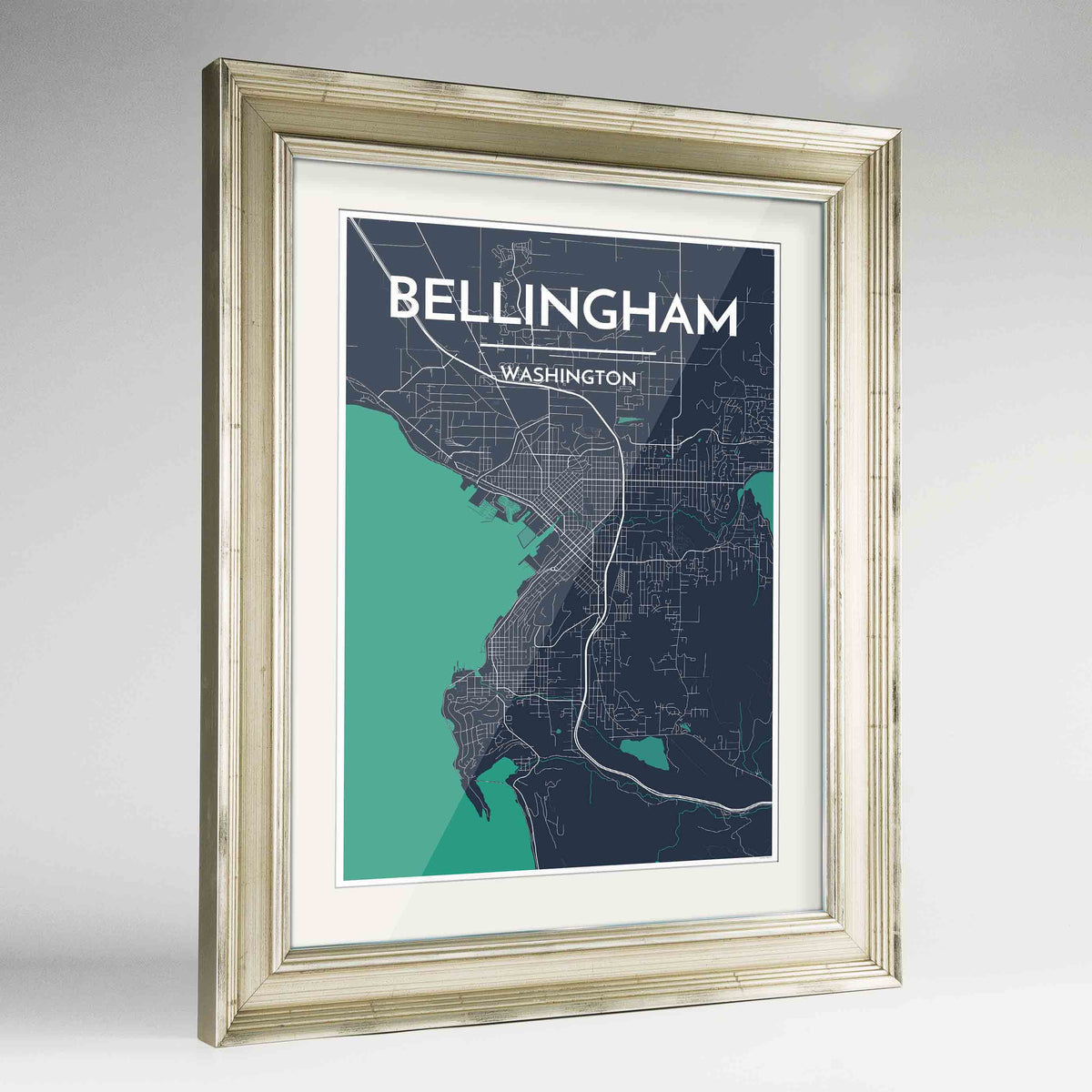 Framed Bellingham Map Art Print 24x36&quot; Champagne frame Point Two Design Group