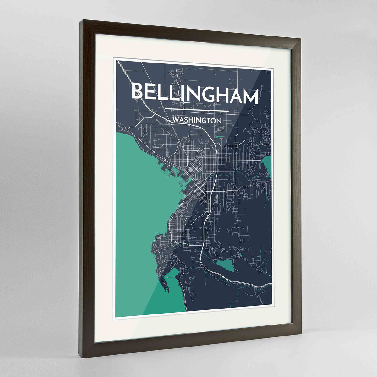 Framed Bellingham Map Art Print 24x36&quot; Contemporary Walnut frame Point Two Design Group