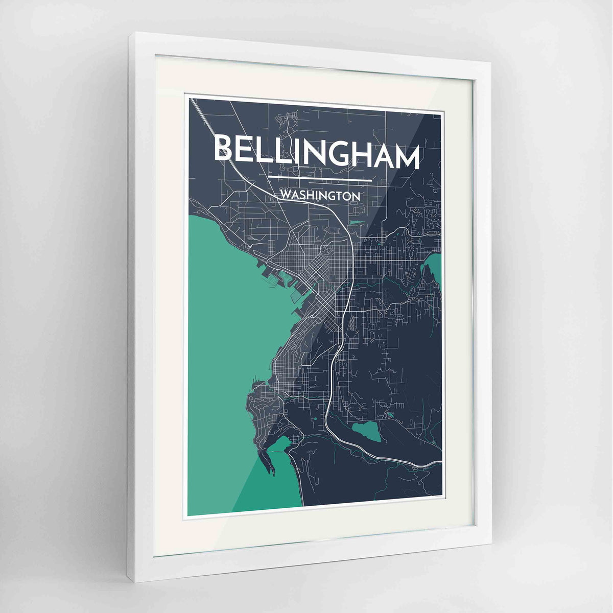 Framed Bellingham Map Art Print 24x36&quot; Contemporary White frame Point Two Design Group
