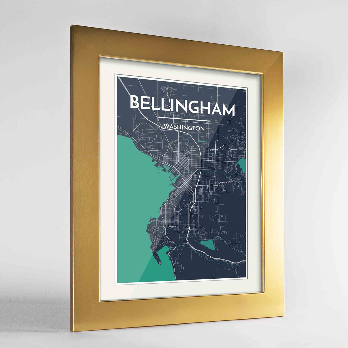 Framed Bellingham Map Art Print 24x36&quot; Gold frame Point Two Design Group