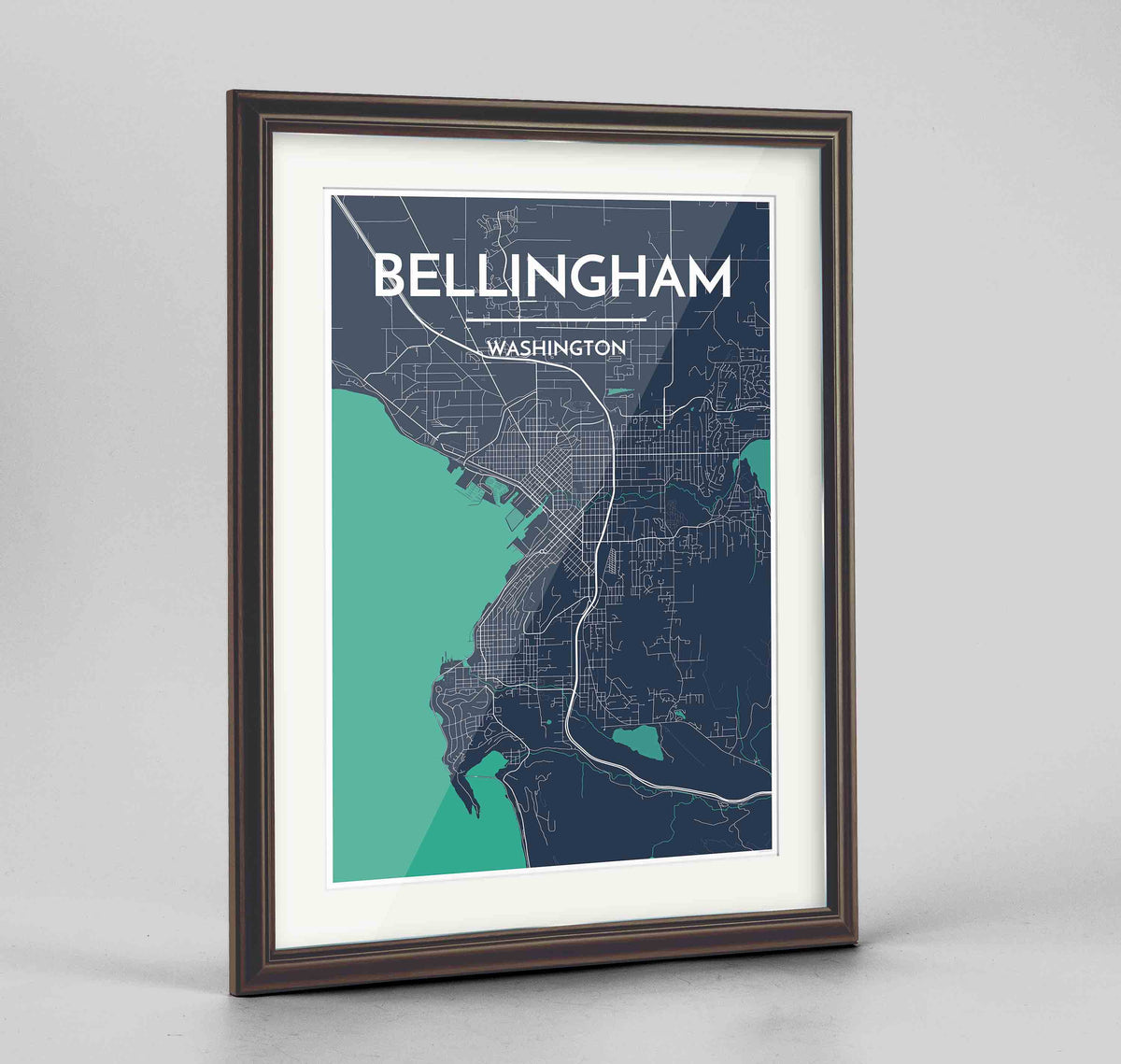 Framed Bellingham Map Art Print 24x36&quot; Traditional Walnut frame Point Two Design Group