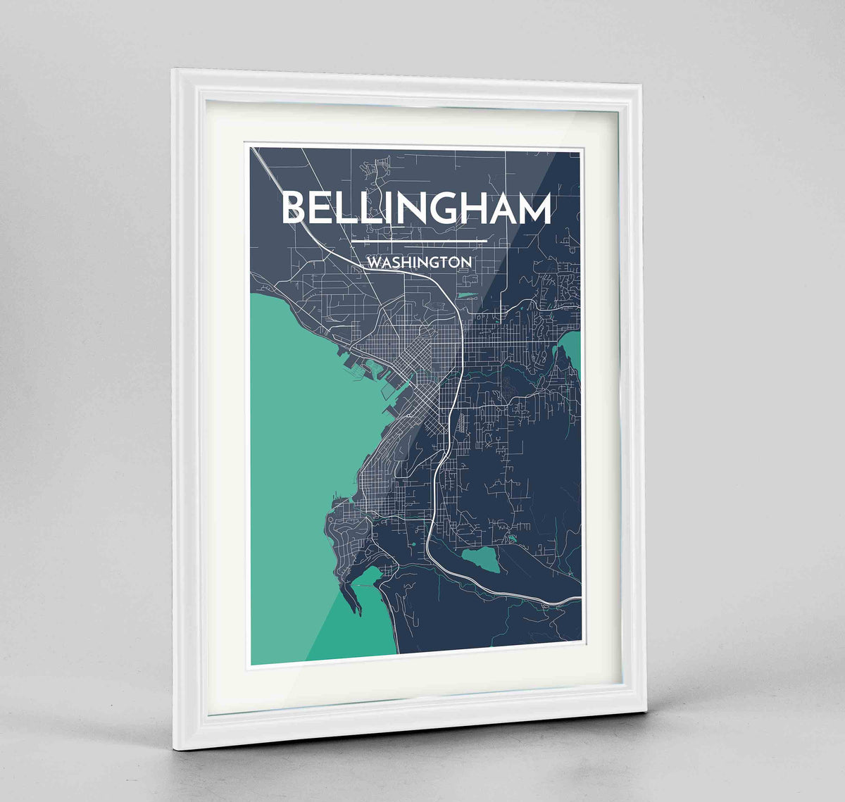 Framed Bellingham Map Art Print 24x36&quot; Traditional White frame Point Two Design Group