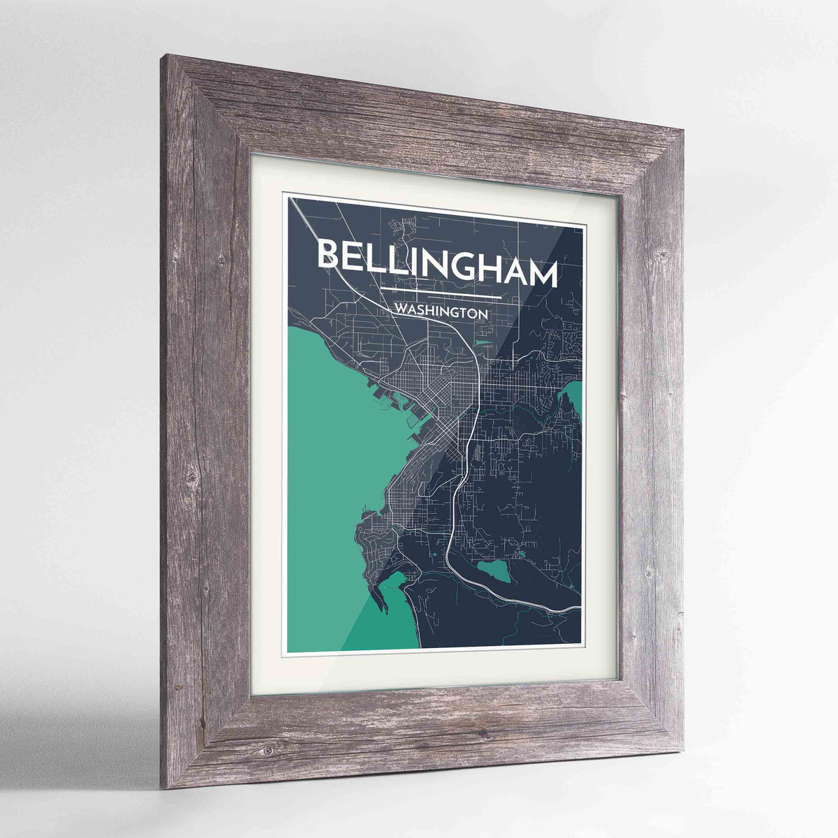 Framed Bellingham Map Art Print 24x36&quot; Western Grey frame Point Two Design Group