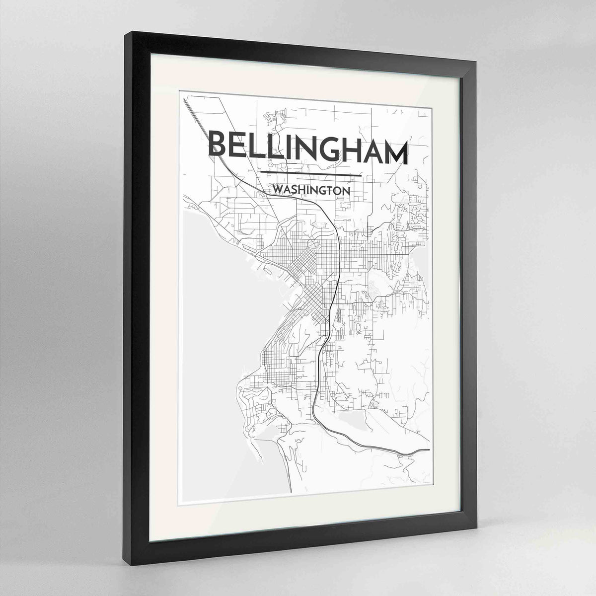 Framed Bellingham Map Art Print 24x36&quot; Contemporary Black frame Point Two Design Group