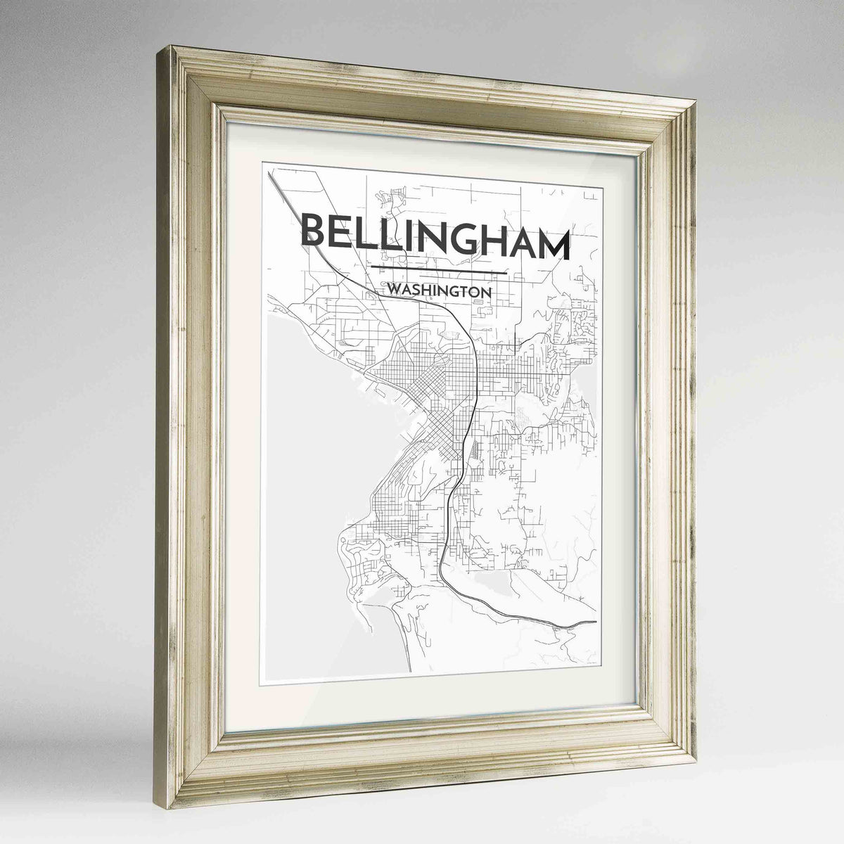 Framed Bellingham Map Art Print 24x36&quot; Champagne frame Point Two Design Group