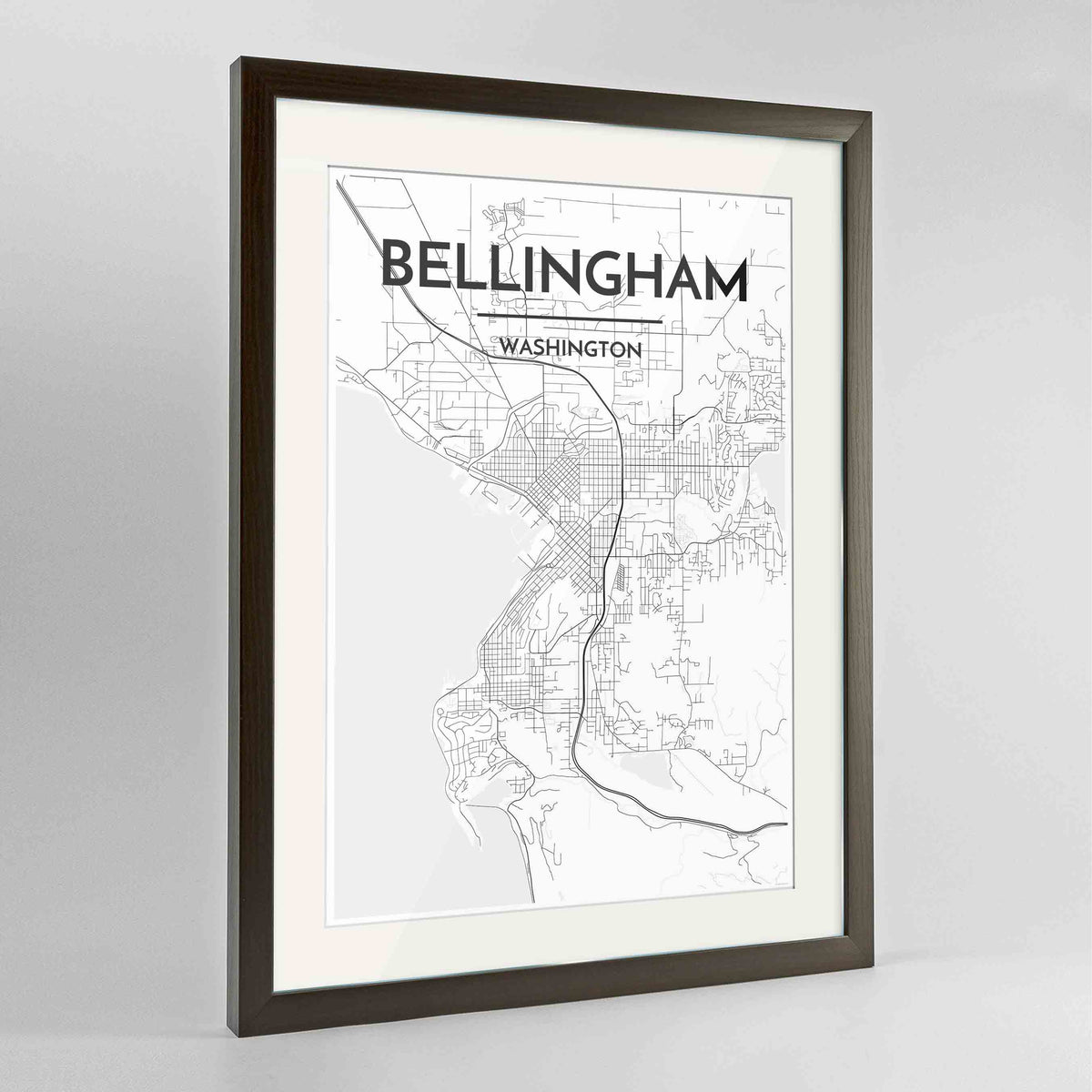 Framed Bellingham Map Art Print 24x36&quot; Contemporary Walnut frame Point Two Design Group
