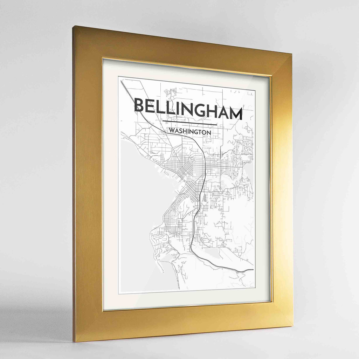 Framed Bellingham Map Art Print 24x36&quot; Gold frame Point Two Design Group