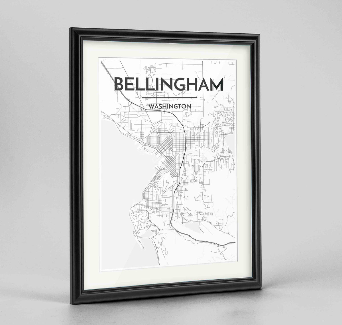 Framed Bellingham Map Art Print 24x36&quot; Traditional Black frame Point Two Design Group