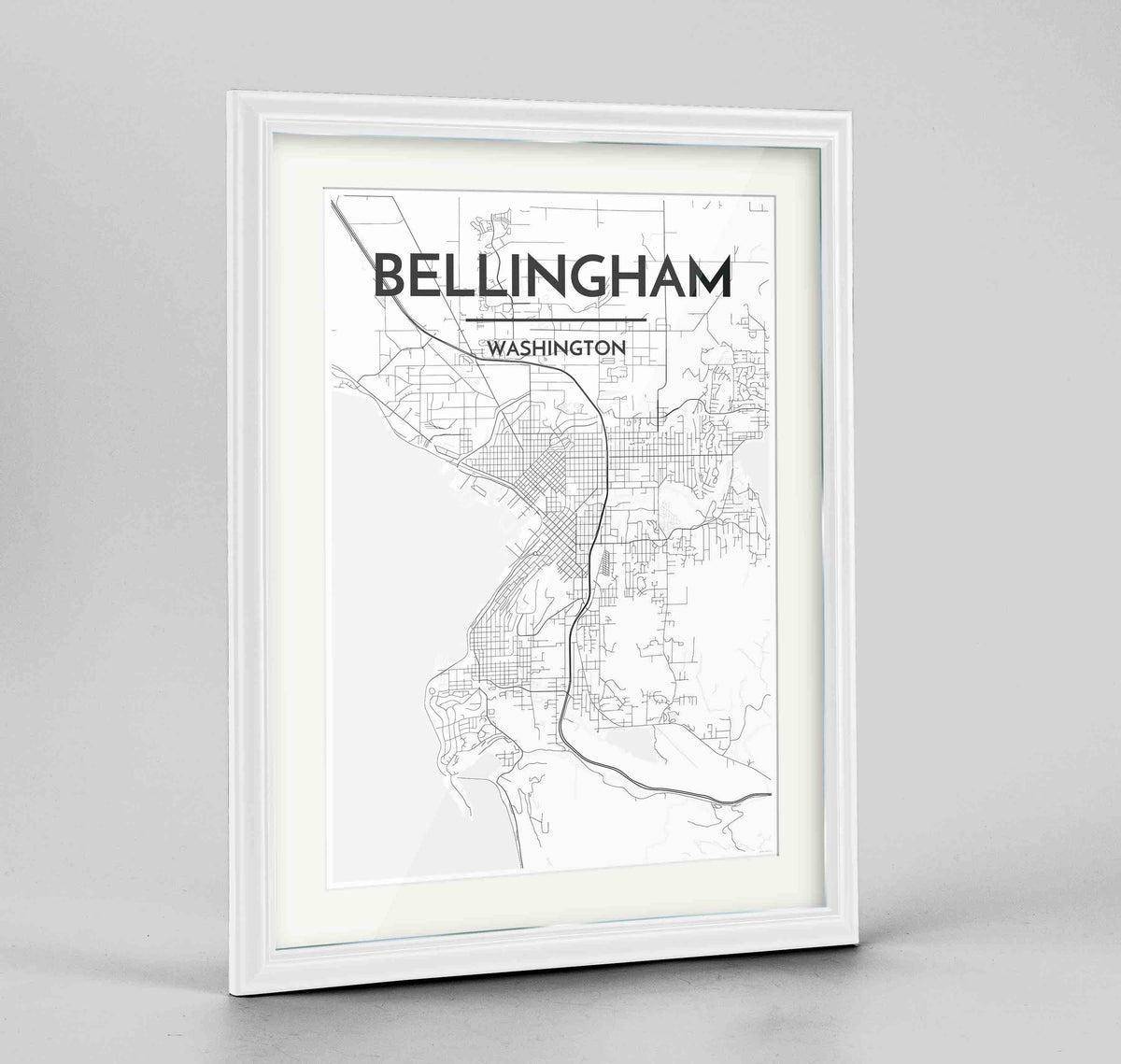 Framed Bellingham Map Art Print 24x36&quot; Traditional White frame Point Two Design Group