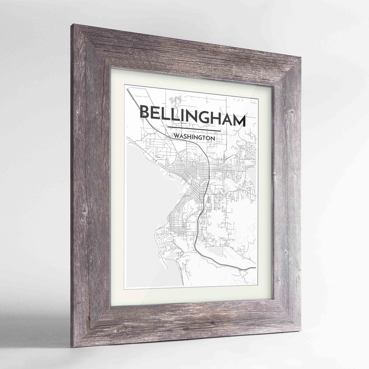 Framed Bellingham Map Art Print 24x36&quot; Western Grey frame Point Two Design Group
