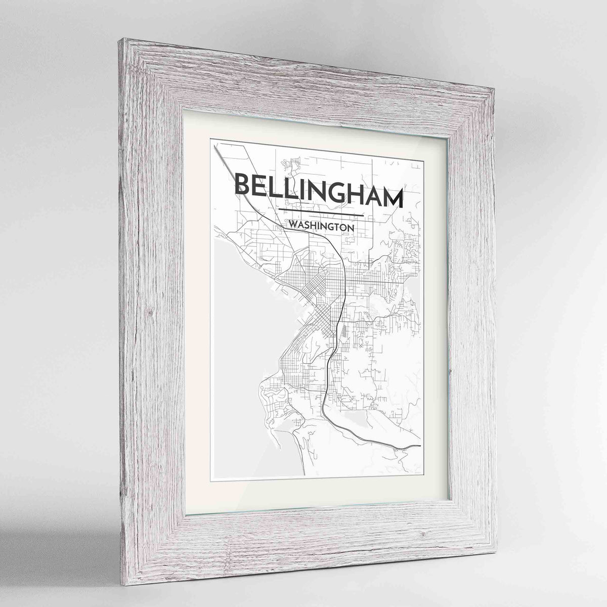 Framed Bellingham Map Art Print 24x36&quot; Western White frame Point Two Design Group