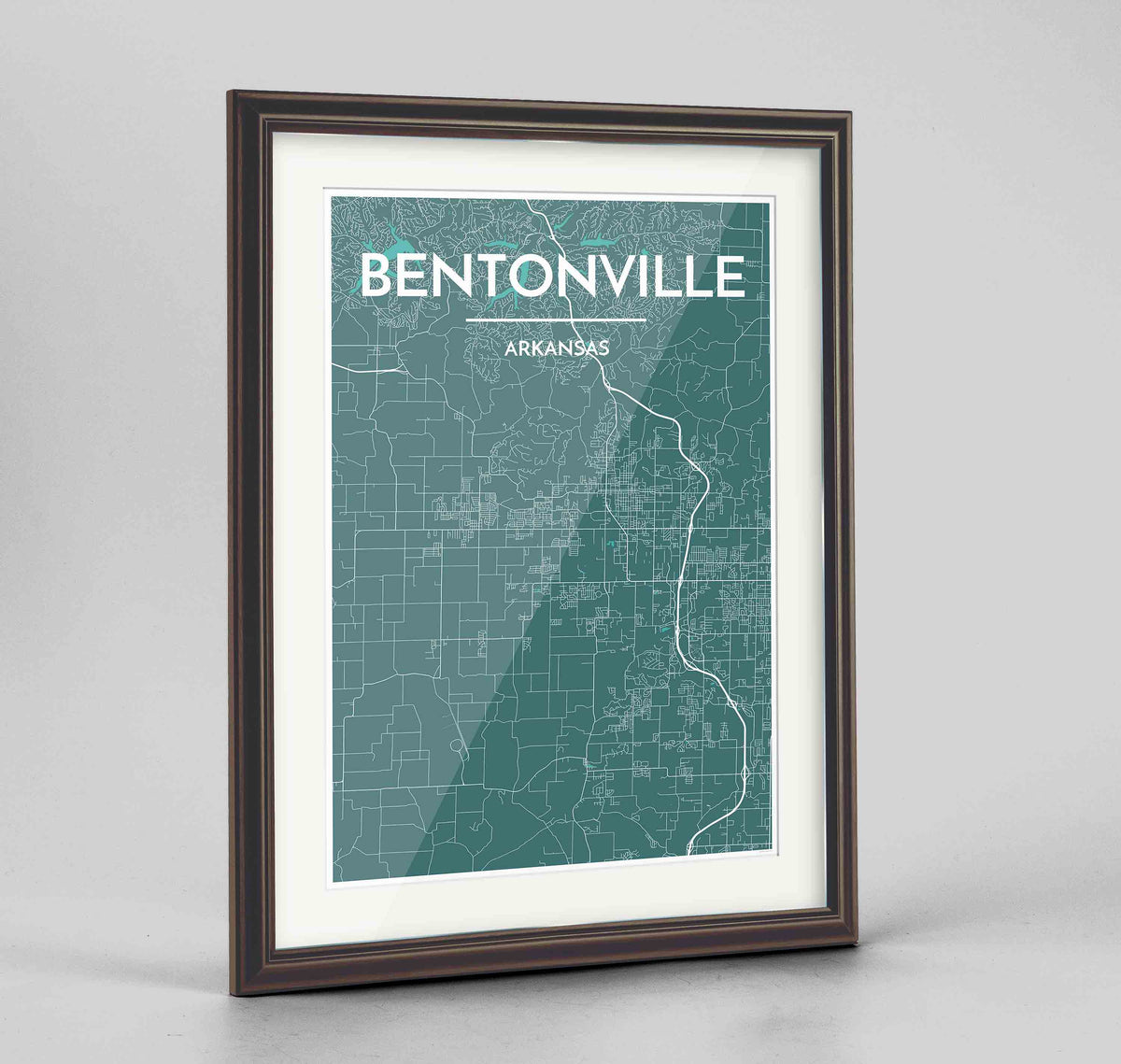 Framed Bentonville Map Art Print 24x36&quot; Traditional Walnut frame Point Two Design Group