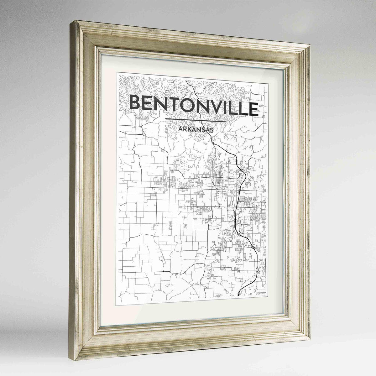 Framed Bentonville Map Art Print 24x36&quot; Champagne frame Point Two Design Group